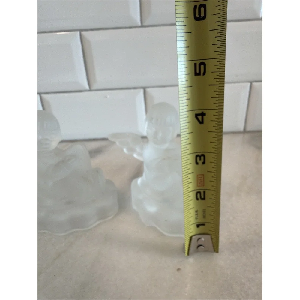 Set Of 2 Vintage 1995 MJ Hummel Frosted Crystal Glass Candle Holder Angel Avon 2